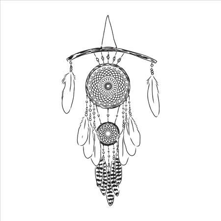Ethnic Boho dream catcher with feathers. American Indian symbol in sketch style. Vector illustration isolated on white background. Hand drawn.のイラスト素材