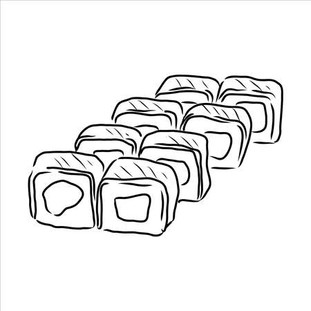 Hand holding Japanese, Chinese, Asian sushi, roll with pair of wooden chopsticks, sketch vector illustration isolated on white background. Human hand with chopsticks and sushi, roll with salmonのイラスト素材
