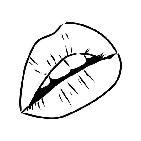Sexy plump lips kiss pink watercolor and line art, Hand drawn vector illustration isolatedのイラスト素材