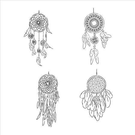 Ethnic Boho dream catcher with feathers. American Indian symbol in sketch style. Vector illustration isolated on white background. Hand drawn.のイラスト素材