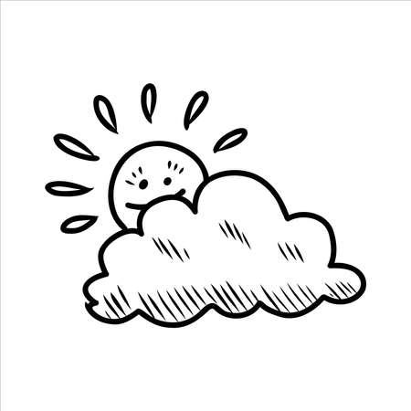 Cute cloud vector illustration drawing. Light blue cartoon cloud with cute face, print or icon. Isolated on white background.のイラスト素材