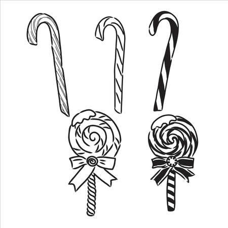 Doodle style hard candy set sketch in vector format. Includes lollipops, mints, wrapped candy, butterscotch, candy corn, gum drops, and jelly beans.のイラスト素材