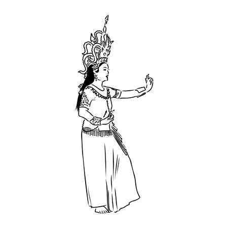 Hand drawn Thai traditional dancing style female ghost on white background for concept of happy Halloween. Vector illustration in doodle art styleのイラスト素材