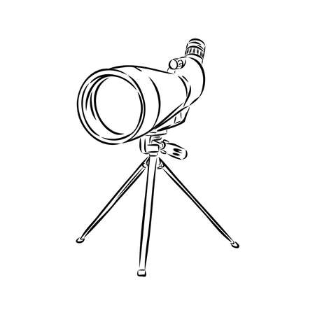 Astronomer Equipment Telescope Monochrome Vector. Standing Telescope For Explore And Observe Galaxy And Cosmos. Discovery Optical Device Designed In Retro Style Black And White Illustrationのイラスト素材