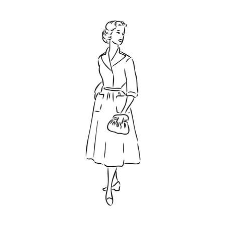 Black and white retro fashion model in sketch style. Hand drawn vector illustrationのイラスト素材