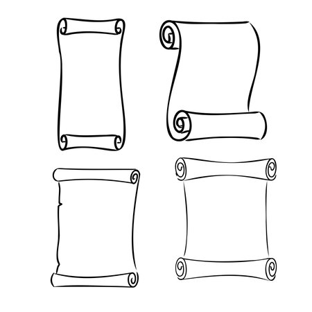 Set of empty scrolls. Hand drawn sketch style vintage scrolls and banners collection. Vector illustrations isolated on white background.のイラスト素材