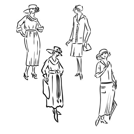 Vintage vector people set. fashion style set. Group of retro woman and man. style, sketch style, engravings with peopleのイラスト素材
