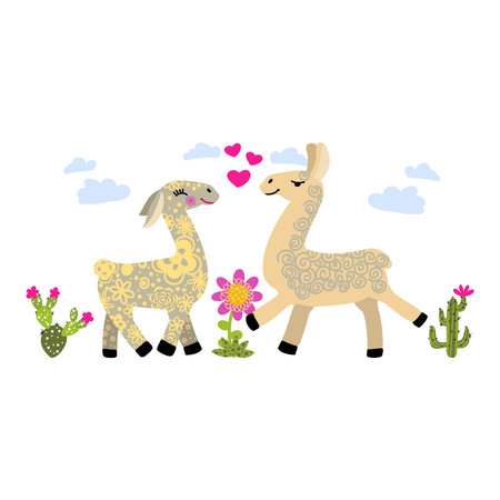 Cute llamas or alpacas hand drawn vector illustration.のイラスト素材