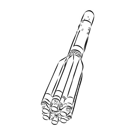 Hand drawn illustration of a geometric space shuttle. Design in dot art style with engraved elements. Sketch isolated on vintage background. Space rocket launch. Concept for start up, release etc.のイラスト素材