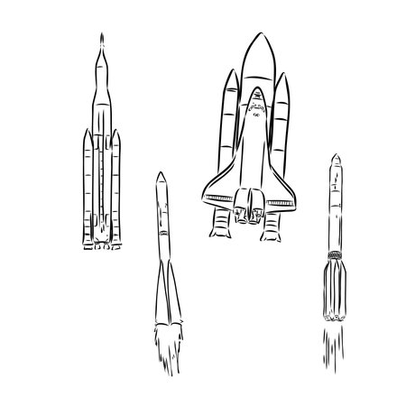 Rocket outline. Space rocket silhouette. One line continuous vector illustration. Line art, outline, vectorのイラスト素材