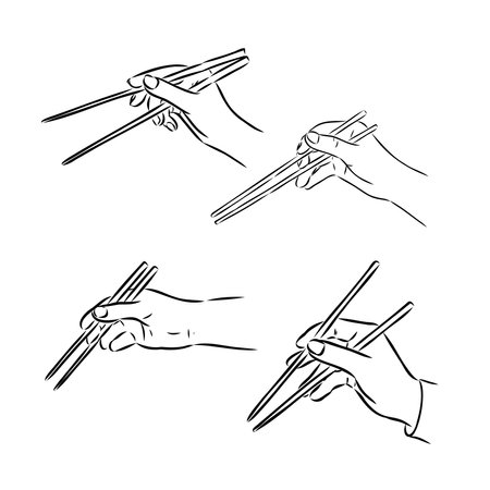 Hands using bamboo chopsticks on white background. Creative concept for food menu posters, advertising, web design. Vector illustration.のイラスト素材