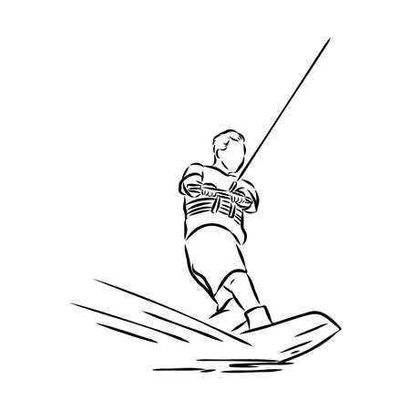 Single continuous line drawing of young sporty surfer man play wakeboarding in the sea.のイラスト素材