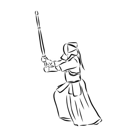 black and white sketch kendo samurai vectorのイラスト素材