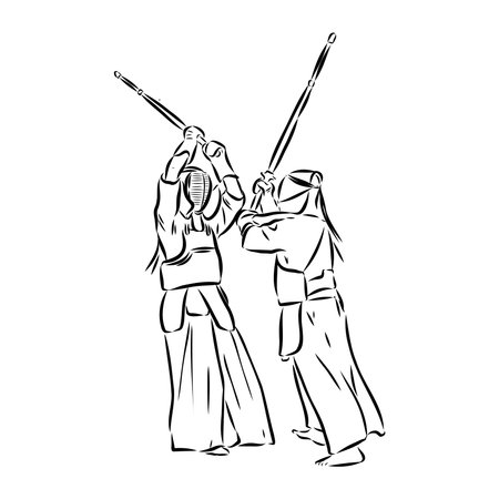 black and white sketch kendo samurai vectorのイラスト素材