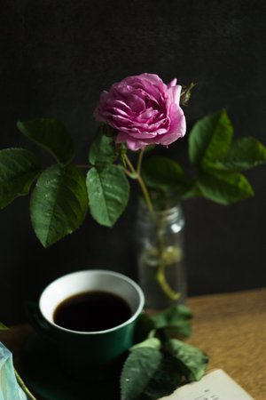 Pink rose and a cup of coffee on a dark background with copy spaceの写真素材