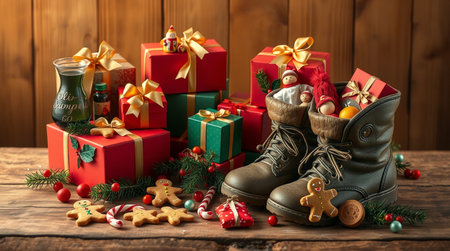 Christmas still life with christmas gifts and boots on wooden background.の素材