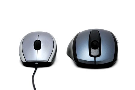 two computer mice isolated over white background reminding racing cars