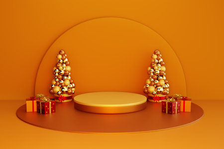 Podium with Christmas tree and gift boxes on orange background. 3d renderの写真素材