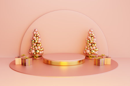 3d render of golden podium with christmas tree and gift boxesの写真素材