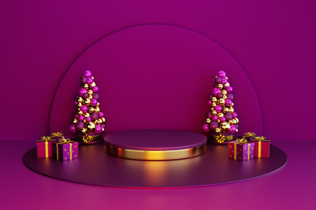 3d render of Christmas podium with Christmas tree and gift boxes.の写真素材