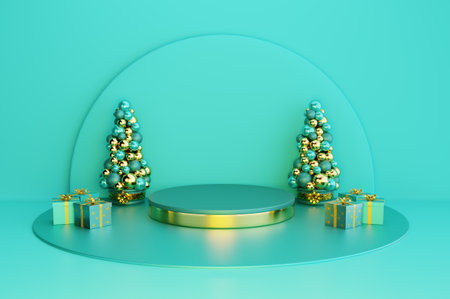 Podium with Christmas tree and gifts on blue background. 3d renderの写真素材
