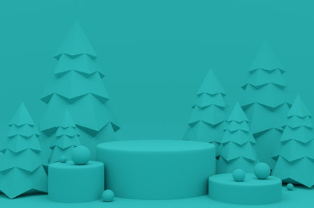 3d render, abstract minimal scene with geometric shapes, podiums, Christmas trees, blue backgroundの写真素材