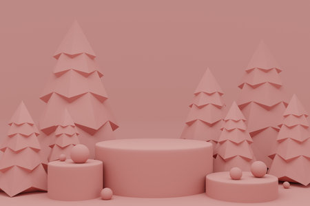 3d render of minimal display podium with Christmas tree and snowflakes.の写真素材