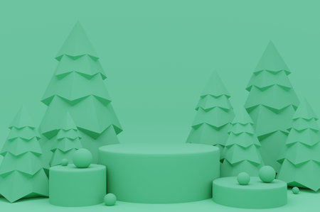 3d render of minimal display podium for mock up presentation in minimalism style with Christmas trees.の写真素材