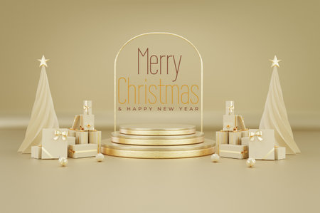 Merry Christmas background with gold podium, Christmas tree and gift boxes. 3d renderingの写真素材