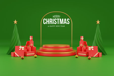 Christmas podium and gift boxes on green background. 3d illustration.の写真素材