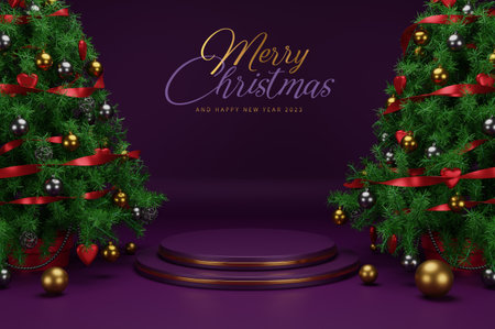 Merry Christmas and Happy New Year background with 3d podium, Christmas tree and decorations. vector illustrationの写真素材