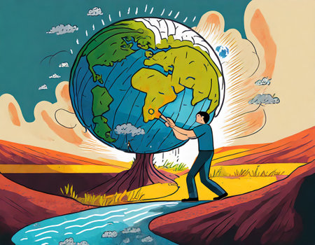 Cartoon illustration of a man holding a globe in his hand.の素材