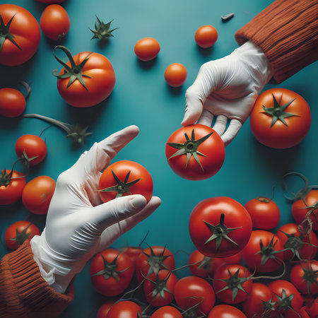 Hands in white gloves are holding tomatoes on a blue background.の素材