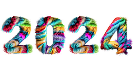 2021 new year made of colorful fur isolated on white background.の素材