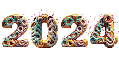 2021 Happy New Year. Numbers made of glazed donuts. Isolated on white backgroundの素材