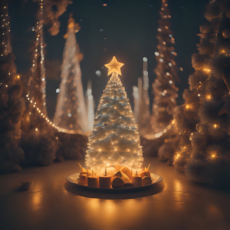 golden christmas tree with candles and lightsの素材