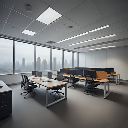 Interior of modern office with panoramic city view. 3D Renderingの素材