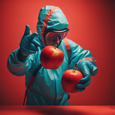 scientist in special suit playing with genetically modified apples-generated by AIの素材