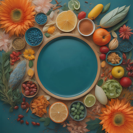 Healthy eating concept. Top view of various fruits and vegetables on blue backgroundの素材