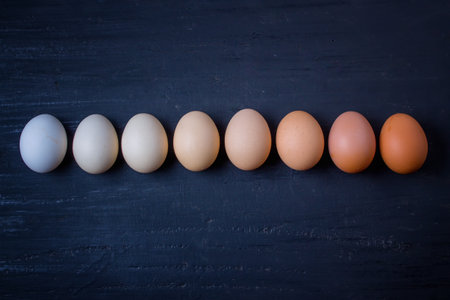 Eggs in row on black wooden background. Top view.の写真素材