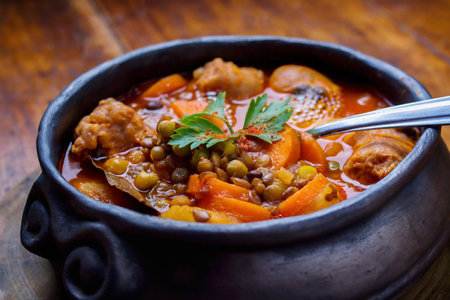Traditional clay pot containing a lentil stew - closeupの写真素材