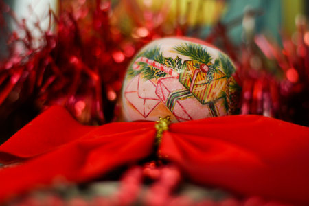Christmas ball with red ribbons and tinsel, shallow depth of fieldの写真素材