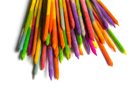 Crayons of different colors on a white background. Studio shot.の写真素材