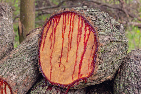 Cutted tree trunk with red jam in the forest, closeupの写真素材