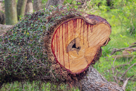 Tree cut in the shape of a heart with blood on it.の写真素材