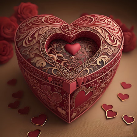 A beautifully drawn, 3D Valentine's Day Heart Box, intricate details and ornate patterns-generated by aiの素材