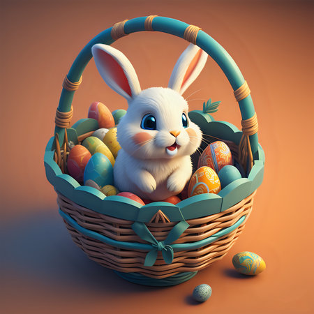 A playful Easter Bunny with his ears and whiskers pulled back in a joyous expression, hopping around a colorfully decorated Easter basket filled with symbolic Easter egg -generated by aiの素材