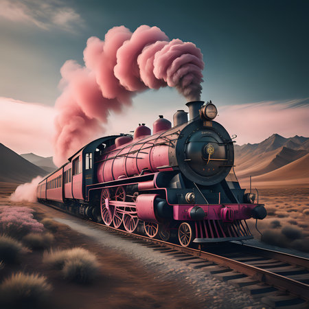 pink steam train in the mountains - generated by aiの素材