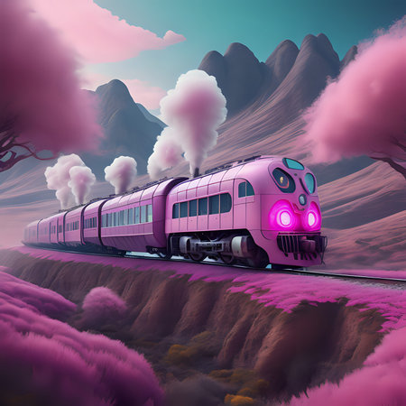 pink steam train in the mountains - generated by aiの素材