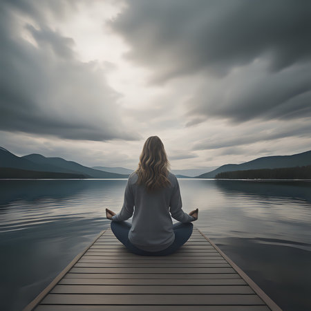 Mid adult woman meditating while sitting on jetty over lake against cloudy sky - generated by aiの素材